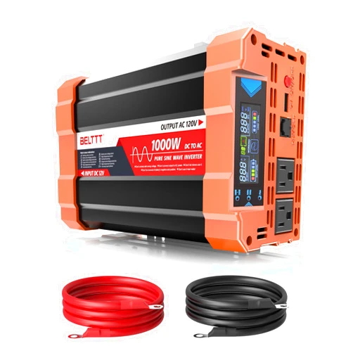 BELTTT 1000Watt Pure Sine Wave Inverter 12V DC to 120V AC for RV, Truck, Off-Grid Solar Car Power Inverter 12V to 110V Converter with Dual AC Socket and 5V 2.1A USB, Intelligent LCD, 2000W Peak