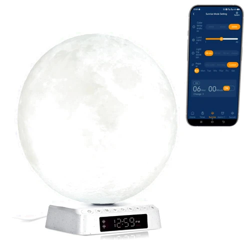 JUXLamp Sunrise Alarm Clock Wake Up Light - 3 Color LED Lamp with Sound & Light Awakening, Bioclock Adjustment & APP Control, Moon-Shaped Linen Lamp Shade for Bedroom Bedside