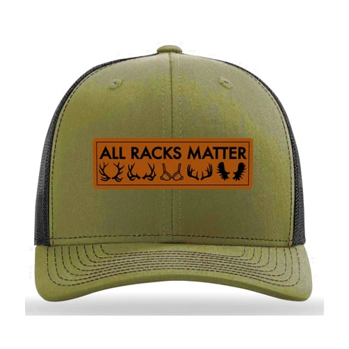 Handmade All Racks Matter Hat, Gag Hat, Deer Hunting Hat, Hunting Hat, leather patch trucker hat, cap daddy, LODEN BLACK
