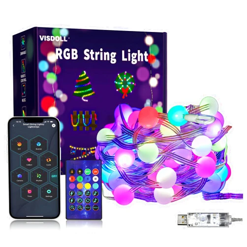 VISDOLL String Lights Indoor 16.4FT 33LEDs, Smart RGB Fairy Twinkle Christmas Lights with Music Sync, RF Remote, APP Control, Multicolor, USB Powered for Party Garden Bedroom Wedding Outdoor Decor