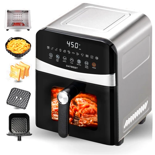 DAYBEST Air Fryer Stainless Steel with Window, DAYBEST 6 QT Non Toxic Airfryer with 2 Heats 1700W Power Max 450°F, 12 Presets/DIY, Dishwasher Safe Non Stick Ceramic Basket and Pan (Stainless Steel)