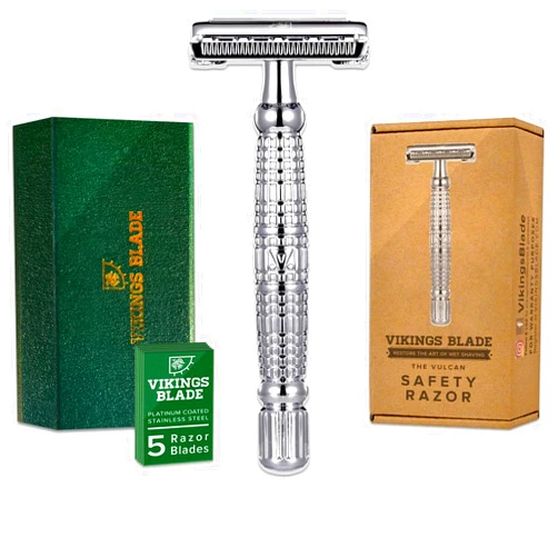 VIKINGS BLADE Double Edge Safety Razor for Men + 5 Swedish Steel Blades + Luxury Case. Long Handle. Smooth, Reusable, Eco-Friendly (The Vulcan)