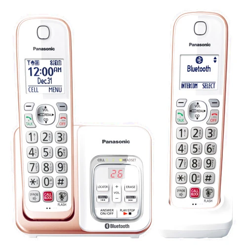 Panasonic Cordless Phone with Link2Cell Bluetooth, Voice Assistant, Answering Machine and Call Blocking, Expandable System with 2 Cordless Handsets - KX-TGD862G (Rose Gold)
