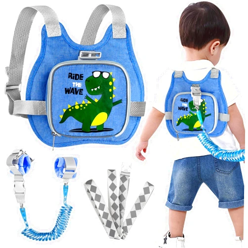 Accmor Toddler Harness Leash+ Anti Lost Wrist Link, Accmor Cute Dinosaur Kids Harness with Leash, Foldable Child Leash Baby Walking Wristband Assistant Strap Belt for Parent Boys Outdoor Activity