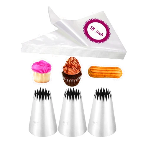 MuYwa Churro Bags and Tips Set,3 French Star Piping Tips for Eclairs & 20 Disposable Pastry Bags 18 inch