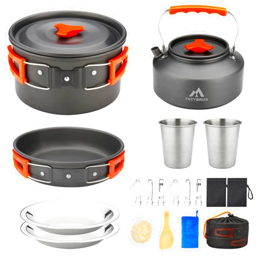THTYBROS 17pcs Camping Cookware Mess Kit, Non-Stick Pot Pan 1.1L Kettle Set with 2 set Stainless Steel Cups Plates Forks Knives Spoons for Hiking,Camping,Backpacking,Outdoor Cooking and Picnic