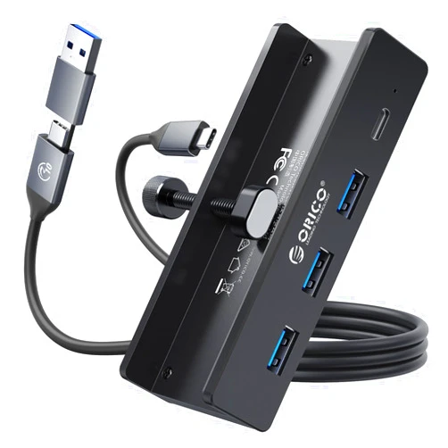 ORICO USB Hub 3.0, Clamp USB Hub with Extra Power Supply Port, Aluminum 4-Port USB Adapter with 3 USB-A Data Ports, USB-C Port for Monitors, Desks (Black)