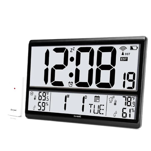 DOVEET Atomic Clock DOVEET-Digital Wall Clock Never Needs Setting/ Easy to Read/Easy Set Up/Indoor Outdoor Temperature-Wireless Outdoor Sensor Battery Powered(4.5