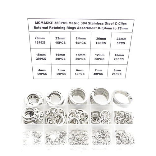 MCMASKE 380PCS Metric 4mm-28mm 304 Stainless Steel C-Clips External Retaining Rings Assortment Kit