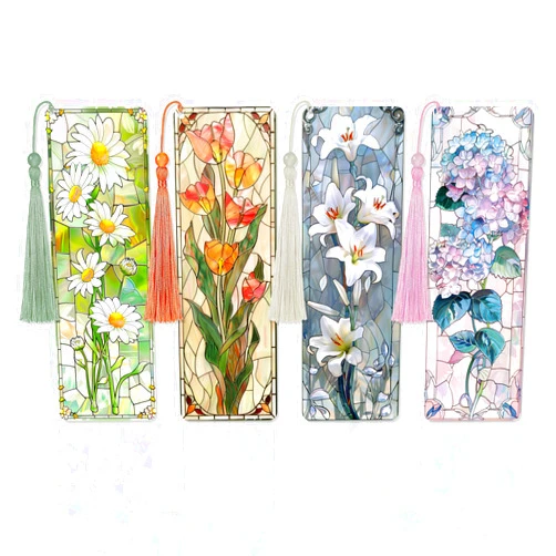 Zaamwoyy 4 Pcs Stained Glass Art Bookmarks for Reading Women, Flower Transparent PVC Bookmark with Tassels, Cute Book Accessories, Unique Book Marks for Bookish, Birthday Christmas Gift