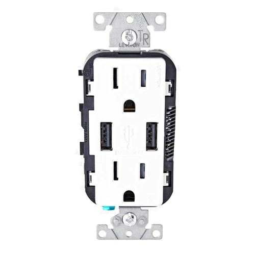 Leviton T5632-W 15-Amp USB Charger/Tamper Resistant Duplex Receptacle, White
