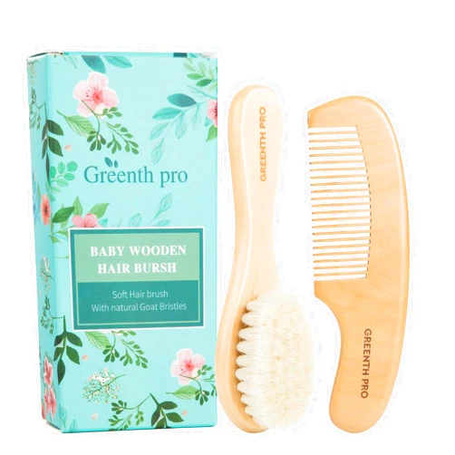 GREENTH PRO Baby Hair Bush and Comb Set -Nature Lotus Wood with Soft Goat Bristle and Pear Wood Comb for Newborns & Toddlers, Ideal for Cradle Cap