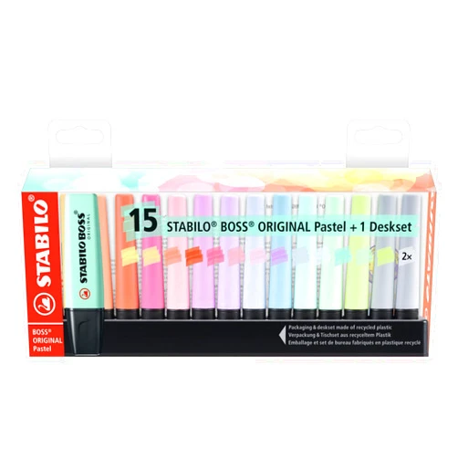 STABILO Highlighter - STABILO BOSS Original Pastel - Desk Set of 15pcs - 14 Assorted Colors (2X Dusty Grey)