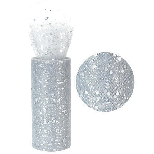 RIBBOOO Silver Glitter Tulle Fabric Rolls 6 Inch 10 Yards Netting Fabric Sequin Sparkling Ribbon Spool Netting for DIY Tutu Skirt Gift Wrapping Baby Shower Wedding Party Decoration