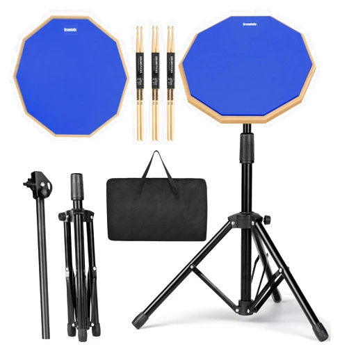 GrowDaily Drum Practice Pad Snare Drum Stand Set 12 In With Double Sided Silent Drum Pad, Drum sticks,Carrying Bag Adjustable Stand (Blue)