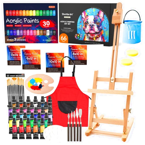 Shuttle Art 66 Pack Acrylic Paint Set, Shuttle Art Acrylic Painting Set with 30 Colors Acrylic Paint, Wooden Easel, Painting Canvas, Paint Brushes, Palettes, Art Painting Supplies for Kids Adults Beginner Artists