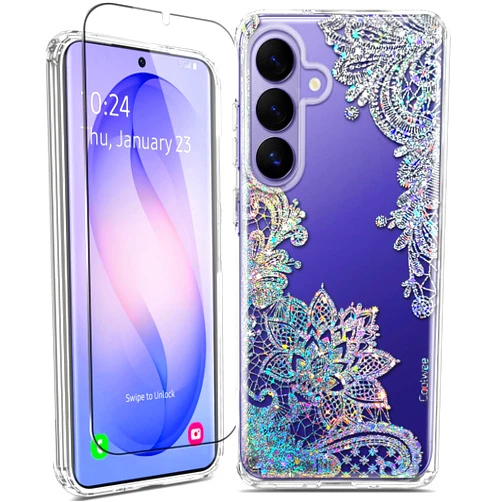 Coolwee Clear Glitter for Samsung Galaxy S26 Plus Case 6.7 inch, Shockproof Thin Flower Slim Cute Crystal Lace Bling Women Hard Back Soft TPU Bumper Protective Cover for Samsung S26 Plus Mandala Henna
