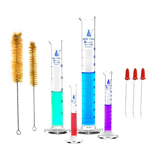 EISCO Graduated Cylinder Set, 9 Pieces - Class B - 5ml, 10ml, 50ml, 100ml Thick Borosilicate 3.3 Glass Cylinders, 3 Glass Droppers, 2 Cleaning Brushes