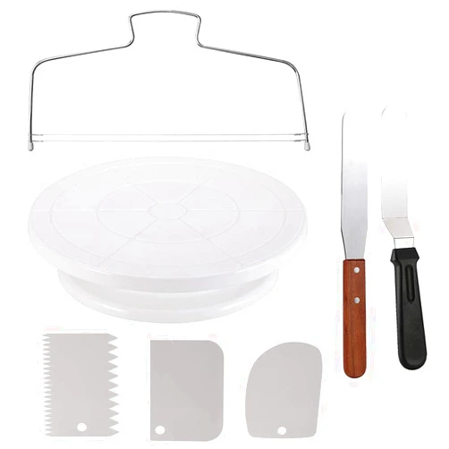 Miecux Cake Decorating Turntable,Cake Decorating Supplies with Decorating Comb/Icing Smoother(3pcs),2 Icing Spatula with Sided & Angled … (White/7pcs)