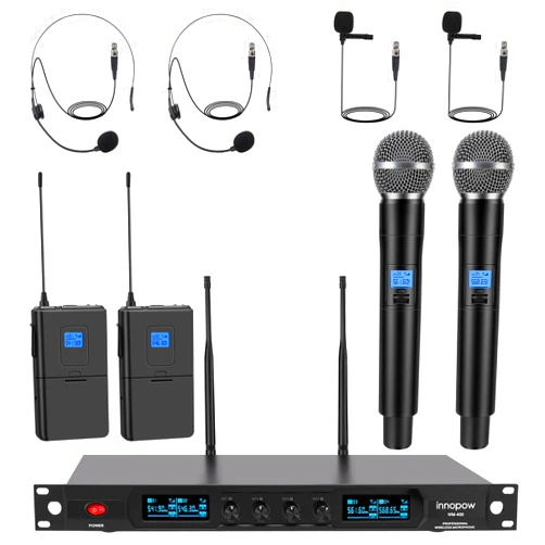 Innopow 4-Channel Wireless Microphone System, Quad UHF Metal Cordless Mic, 2 Handheld Mics, 2 Bodypack Mics, Long Distance150-200Ft, Fixed Frequency, 16 Hours Use for Karaoke Singing, Church