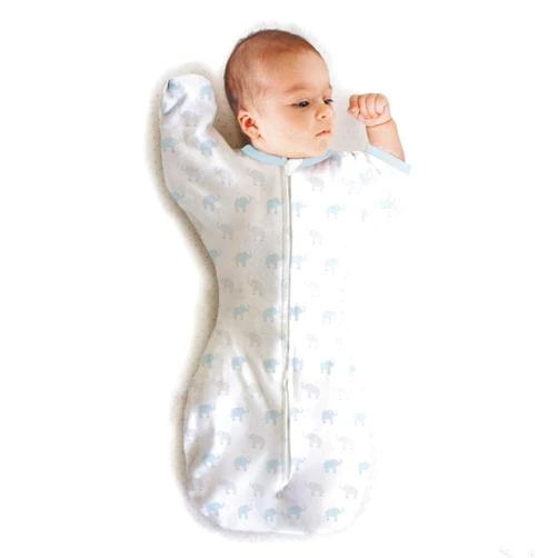 Amazing Baby Transitional Swaddle Sack, Arms Up Half-Length Sleeves & Mitten Cuffs, Swaddle for Newborn Transition to Baby Sleep Sack Wearable Blanket, Small, 0-3 month, 6-14 lb, Blue Tiny Elephants