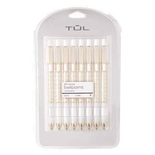 TUL® BP Series Retractable Ballpoint Pens, Medium Point, 1.0 mm, White Geometric Barrel, Black Ink, Pack of 8 Pens