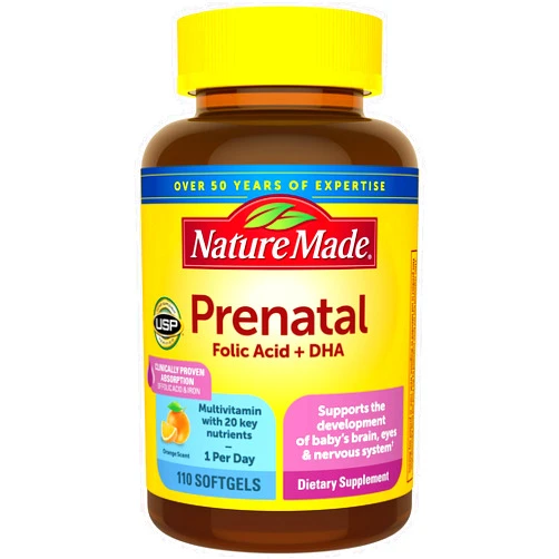 Nature Made Prenatal with Folic Acid + DHA, Prenatal Vitamin and Mineral Supplement for Daily Nutritional Support, 110 Softgels, 110 Day Supply
