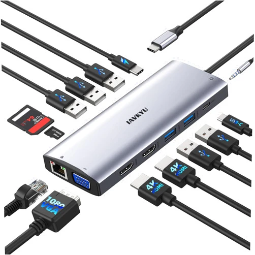IAVKYU 3 Monitors Docking Station, Dual HDMI 4K@60Hz Display, 14-in-1 USB C Hub with VGA, 5 USB-A, 1 5G USB-C, 100W PD, Ethernet, Mic/Audio, SD/TF Card Reader, Compatible with Dell XPS/HP/Lenovo/Surface
