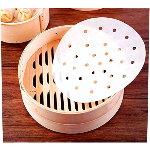 HTBMALL 100pcs Air Fryer Liners, 10 inches Bamboo Steamer Liners, Premium Perforated Parchment Steaming Papers, Non-stick Steamer Mat