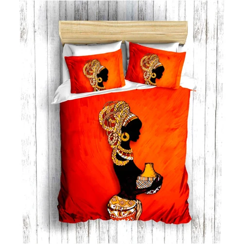 DecoMood 3D Printed 100% Cotton Bedding Set, Traditional African Women Themed, Full/Queen Size Quilt/Duvet Cover Set, Orange (3 Pcs)