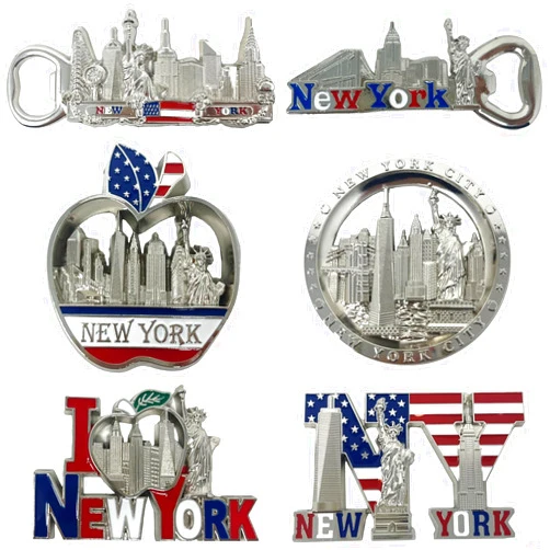 TSY TOOL 6 Pack Silver Bundle NYC Metal Fridge Magnets New York Souvenir Empire State Building, Skylines, Statue of Liberty, Brooklyn Bridge, Big Apple, USA Flag, Fridge Magnet Bottle Opener