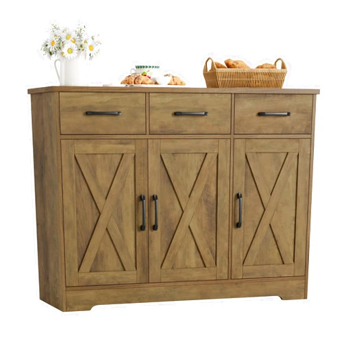 HOSTACK Modern Farmhouse Buffet Sideboard Cabinet, Barn Doors Storage Cabinet with Drawers and Shelves, Wood Coffee Bar Cabinet with Storage for Dining Room, Kitchen, Living Room, Rustic Brown
