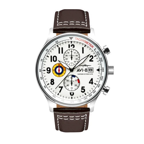 AVI-8 Mens 42mm Hawker Hurricane Classic Chronograph Classic White Japanese Quartz Pilot Watch with Leather Strap AV-4011-01