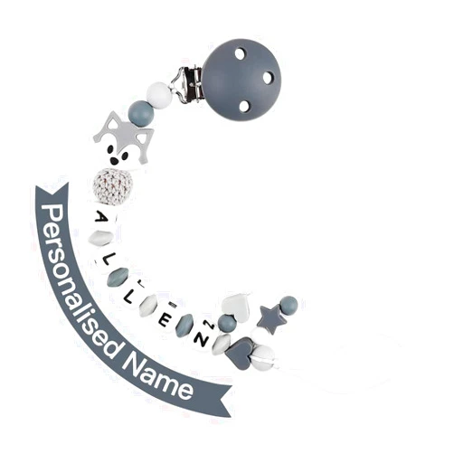 TYRY.HU Personalized Stroller Clip with Name, Custom Stroller Clip with Name, Fox (Grey)