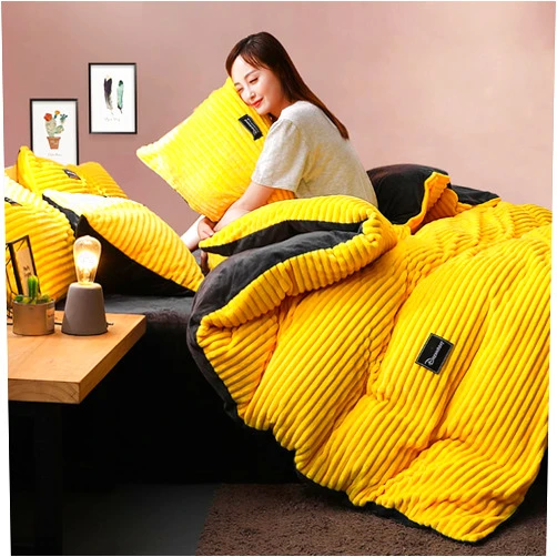 ZIYUER Queen Duvet Cover Set,Twin Quilt Cover Corduroy Comforter Cover Super Soft Full Size Duvet Cover Bedding Sets Crystal Velvet-Yellow Queen:220x240cm(86.6x94.5)