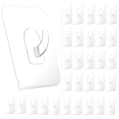 Ninth Five 30 Pack Adhesive Hooks for Hanging, 22lb Heavy Duty Wall Door Hooks, Clear Plastic Sticky Hanging Hook for Home Kitchen Bathroom Office Use