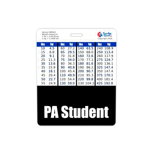 Scrubs and Stuff LLC PA Student Badge Buddy Horizontal w/Height & Weight Conversion Charts (Oversized, Black)