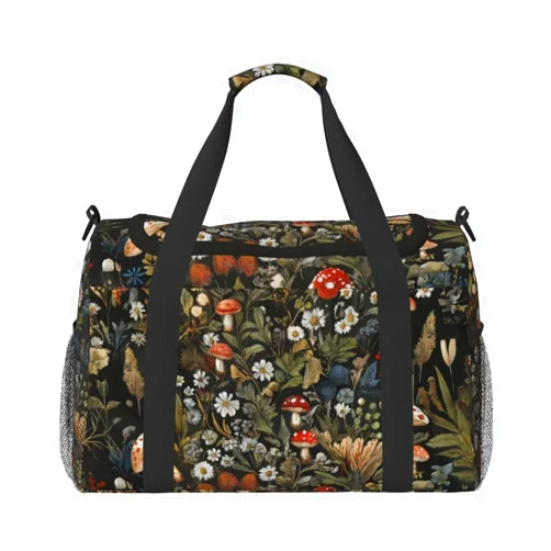 MAGIFUN Small Duffel Bags Vintage Mushroom Print Travel Bag for Men Women, Duffle Bag & Gym Bag Weekender Overnight Bag Carry on Bags Cute Green Boho Floral Daisy Big Gym Bag