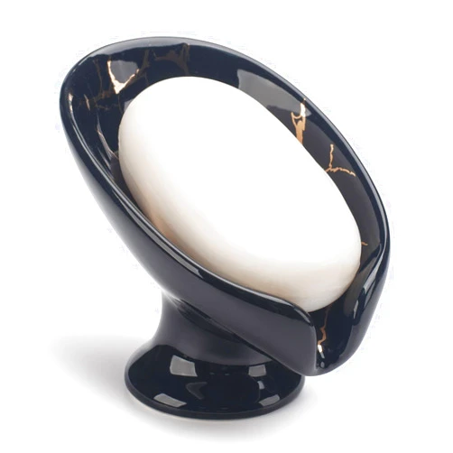 CESTATIVO Soap Dish, Ceramic Soap Holder, Self Draining Soap Dish Holder, Leaf Shape Soap Bar Holder (Black)
