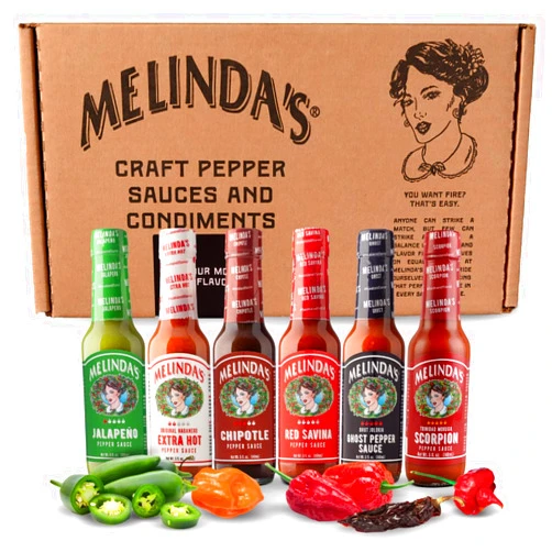 Melinda's Melinda’s Pepper Sauce Challenge Collection - Extra Spicy Gourmet Hot Sauce Gift Set - Includes Jalapeño, Extra Hot Habanero, Chipotle, Red Savina, Ghost, Scorpion - 5 oz, 6 Pack