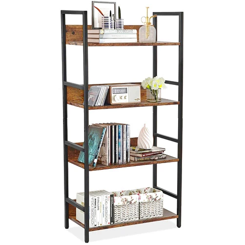 VANSPACE Bookshelf 4 Tier Industrial Bookcase Rustic Wood and Metal Standing Bookshelf with Back Panel Book Shelf for Bedroom, Home Office Storage Rack Shelf, Rustic Brown