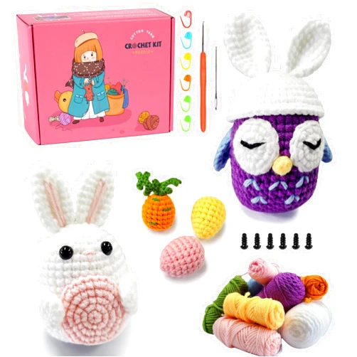 NUOLAN Crochet Kit for Beginners, Owl, Rabbit Crochet Kits for Kids and Adults Include Yarn, Step-by-Step Videos Tutorials, and a Crochet Hook - Crochet Animal Kit DIY Knitting Supplies