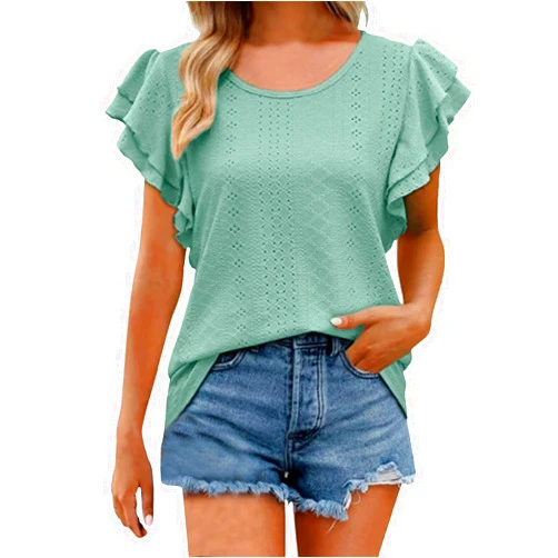 CAOQAO Womens Tops Summer Ruffle Sleeve Crew Neck Tshirts Loose Fit Casual Cute Top Blouses