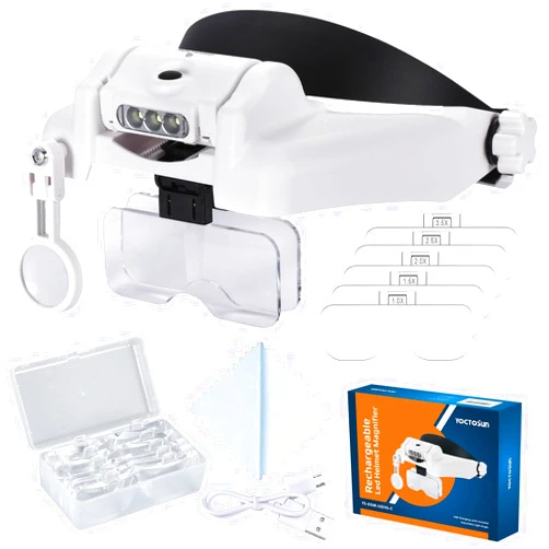 YOCTOSUN LED Headband Magnifier, Rechargeable Illuminated Magnifying Visor -1X to 14X Zoom, Hands Free Head Mounted Magnifying Glasses with Lights for Close Work, Sewing, Crafts, Jewelry, Watch Repair