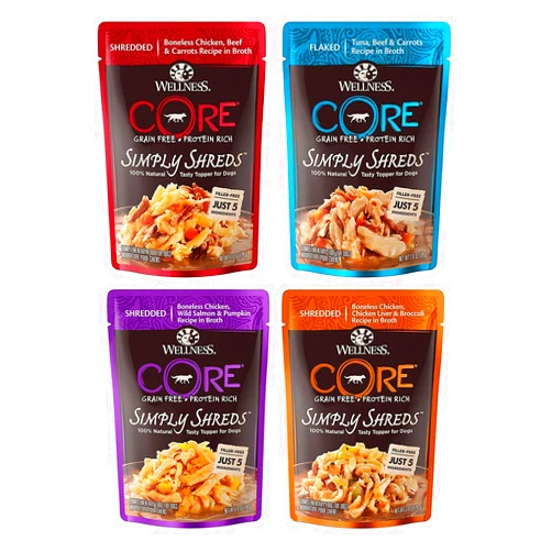 Wellness CORE Simply Shreds Natural Grain Free Wet Dog Food Toppers Variety Pack, 4 Flavors, 2.8 ounce Each (12 Total Pouches)