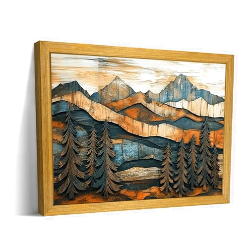 Yaneiro Vintage Boho Mountain Wall Art, Framed Landscape Canvas Wall Art, Nature Forest Wall Decor, Rustic Farmhouse Print Poster Painting for Living Room Bedroom Dining Room 12x16 Inch