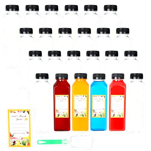 DANALLAN 24Pcs12oz Empty Juice Bottles with Caps, Premium Reusable Plastic Bottles Juice Container Transparent Black Leak-proof Lids for Drink Juice Smoothie Milk Beverages Water