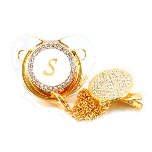 MOMTUESDAYS2 Baby Pacifier, Dummy Soother BPA - Free with Clips and Anti-dust Cover Gold A-Z Initial Letters Infant Nipple Gold S 0-6 Month