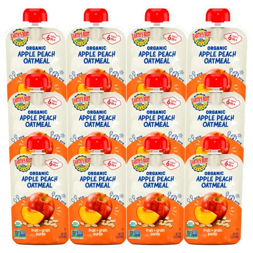 Earth's Best Organic Baby Food Pouches, Fruit and Grain Puree for Babies 6 Months and Older, Organic Apple Peach and Oatmeal Puree, 3.5 oz Resealable Pouch (Pack of 12)