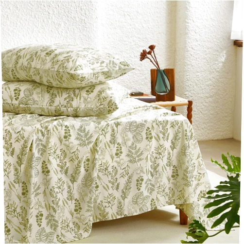 Wake In Cloud - Botanical Bed Sheets, 4-Piece Sheet Set, Floral Shabby Chic Leaves Pattern Printed Coquette Vintage Aesthetic Bedding, Deep Pocket, Olive Green, King Size